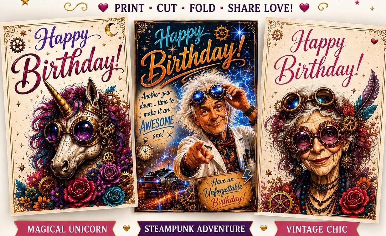 Vintage Steampunk Birthday Cards, Gift Tags, Envelopes (Digital Download)