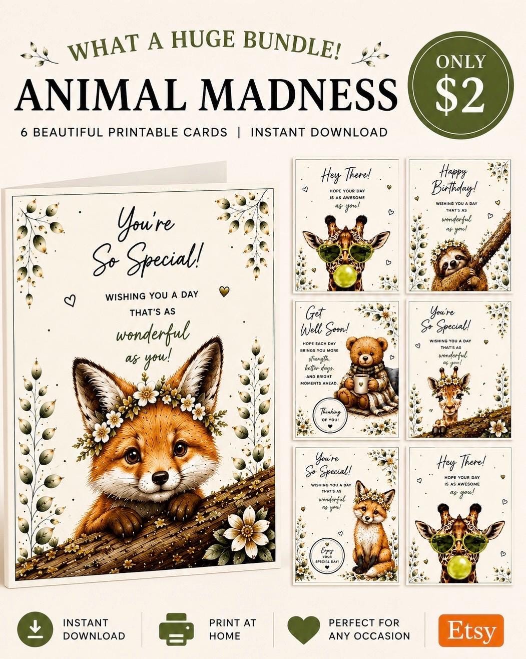 Watercolor Animal Card Bundle, Zebra Fox Giraffe Elephant (5x7 Instant Download)