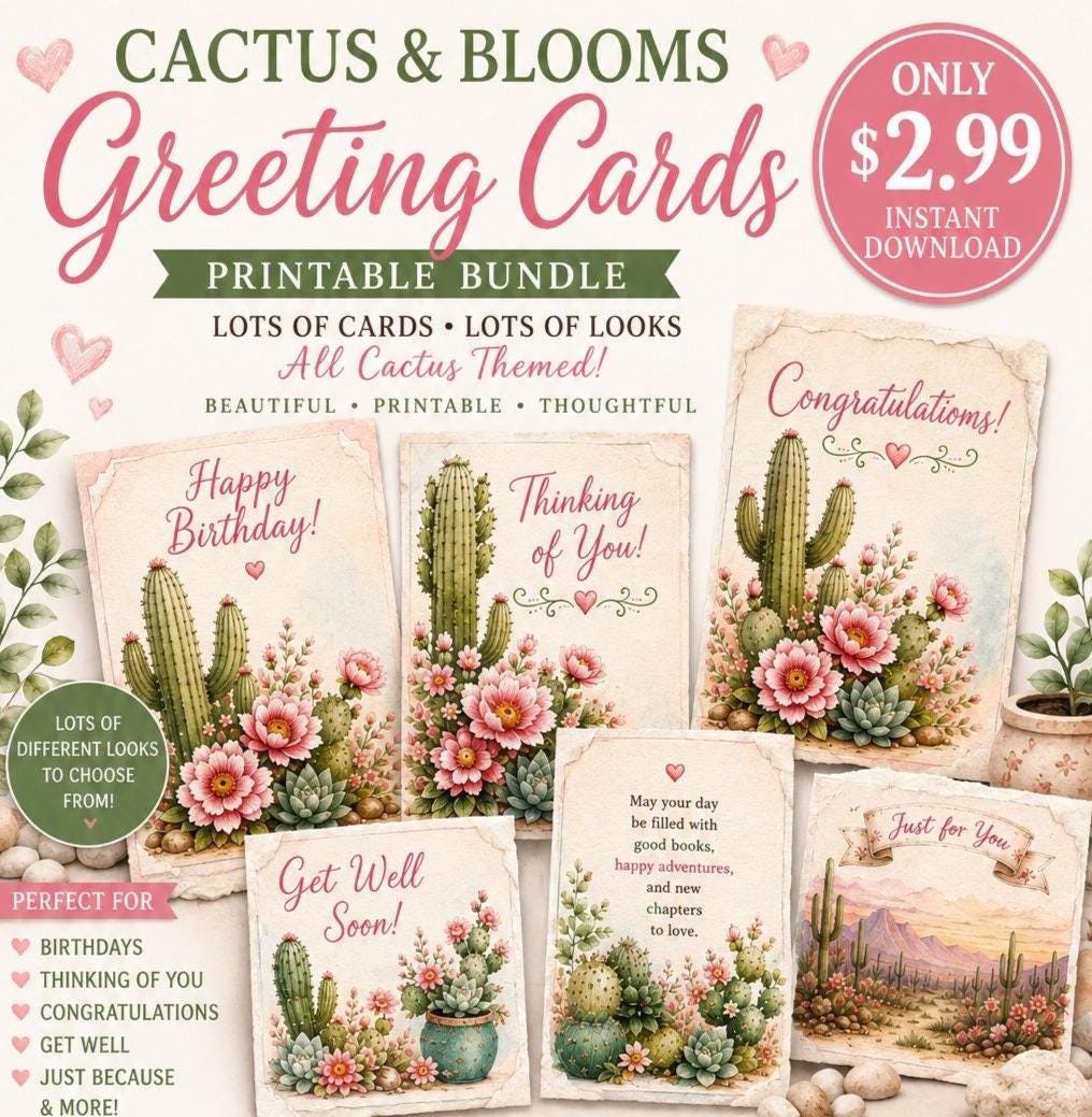 Watercolor Cactus Card Bundle Printable, Southwest Birthday, Get Well, Botanical Cards, 5x7 Instant Download
