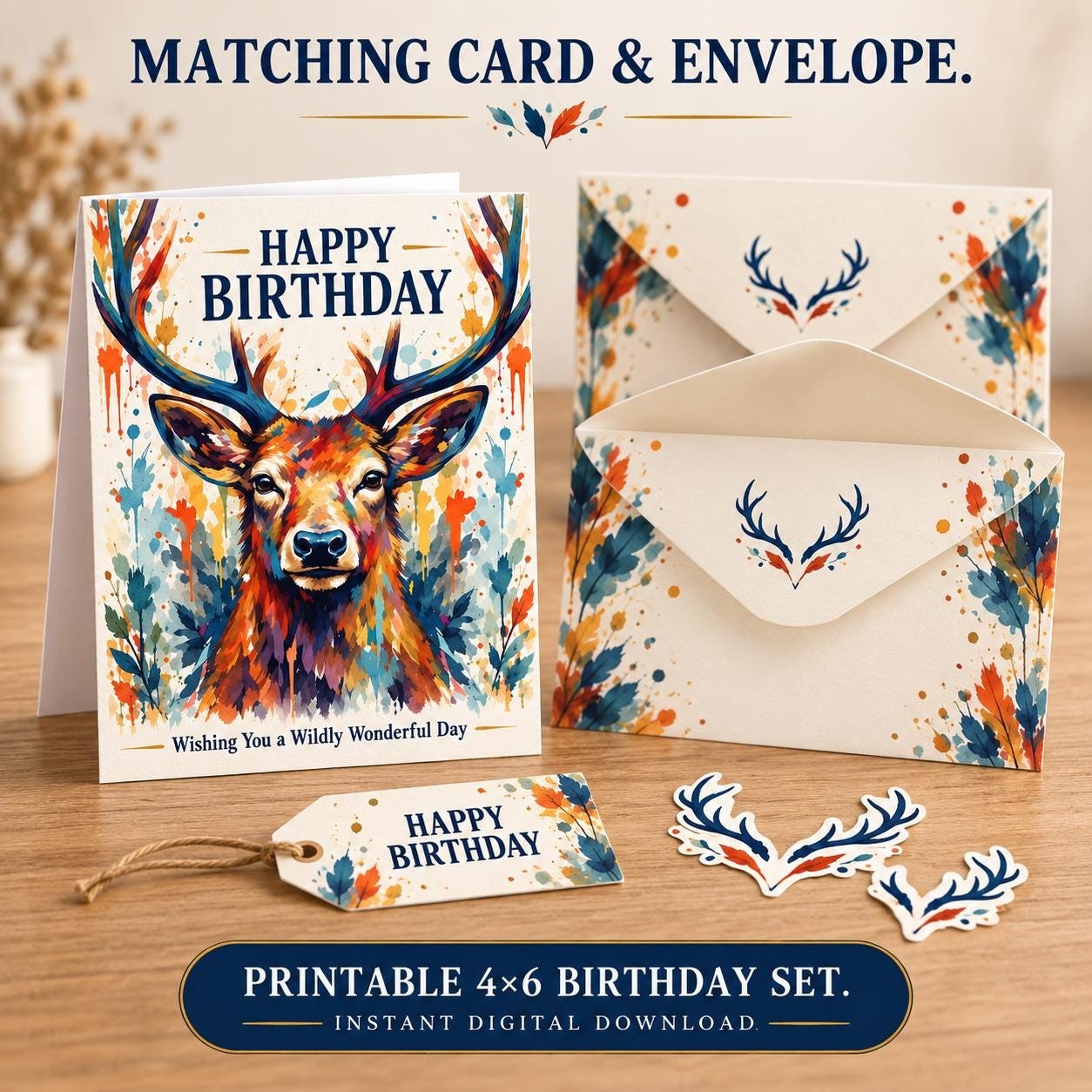 Watercolor Deer Printable Stationery Bundle, Birthday Cards, Envelopes, Journal Paper, Tags, Bookmarks, Die Cuts- FAST UNLIMITED DOWNLOADS