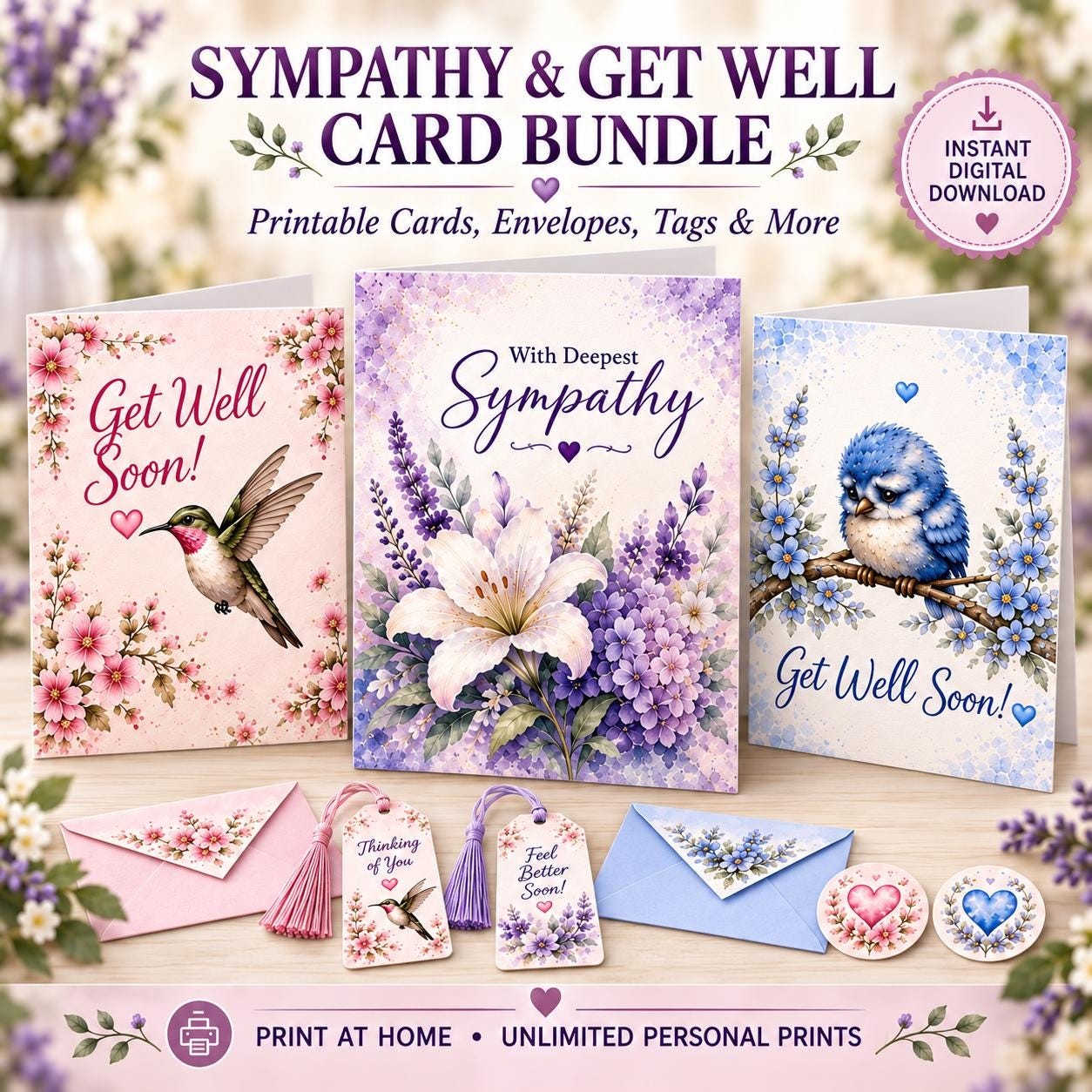 Watercolor Floral Card Bundle, Sympathy Get Well (Digital Download)