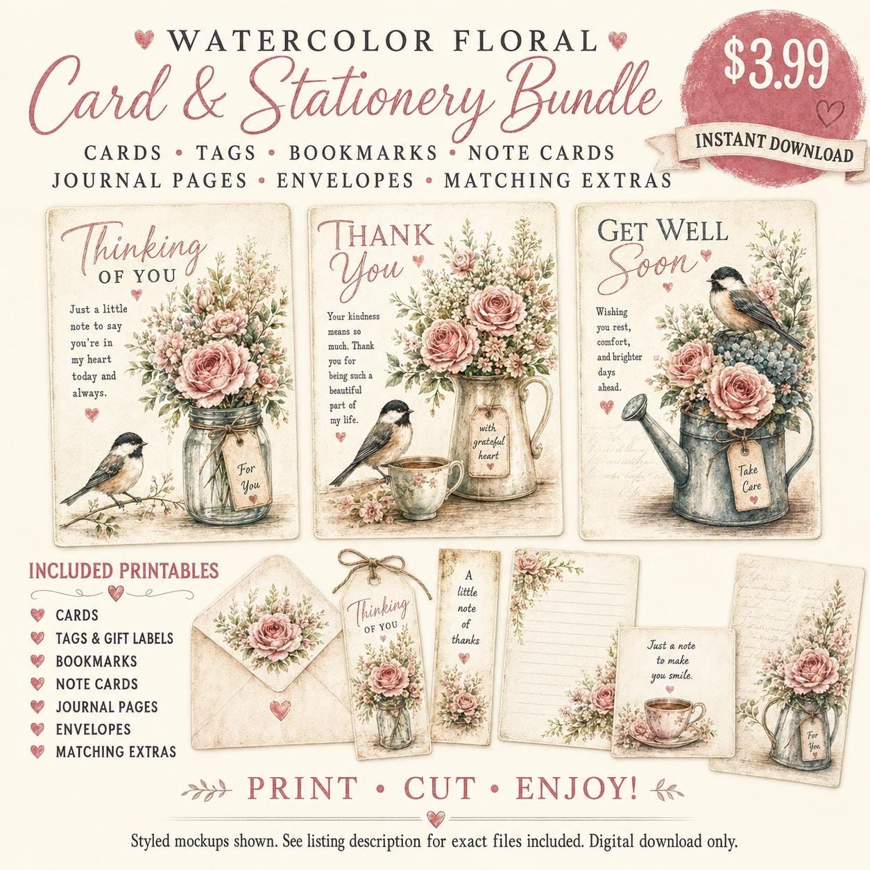Watercolor Floral Card with envelope, tags, bookmarks, notes & Stationery (Digital Download)