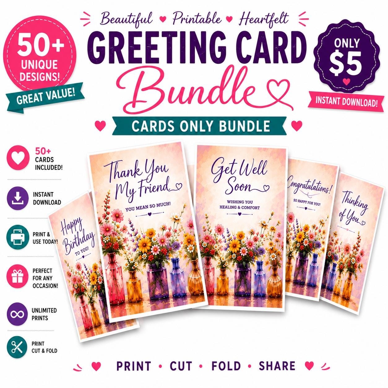 Watercolor Floral Greeting Card Bundle, 50 All Occasion Designs (Instant Download)
