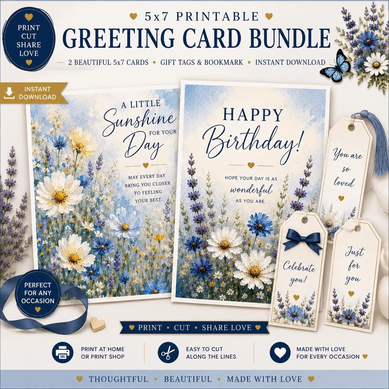 Watercolor Floral Greeting Card Bundle, Birthday, Thank You, Mini Cards (5x7 Download)