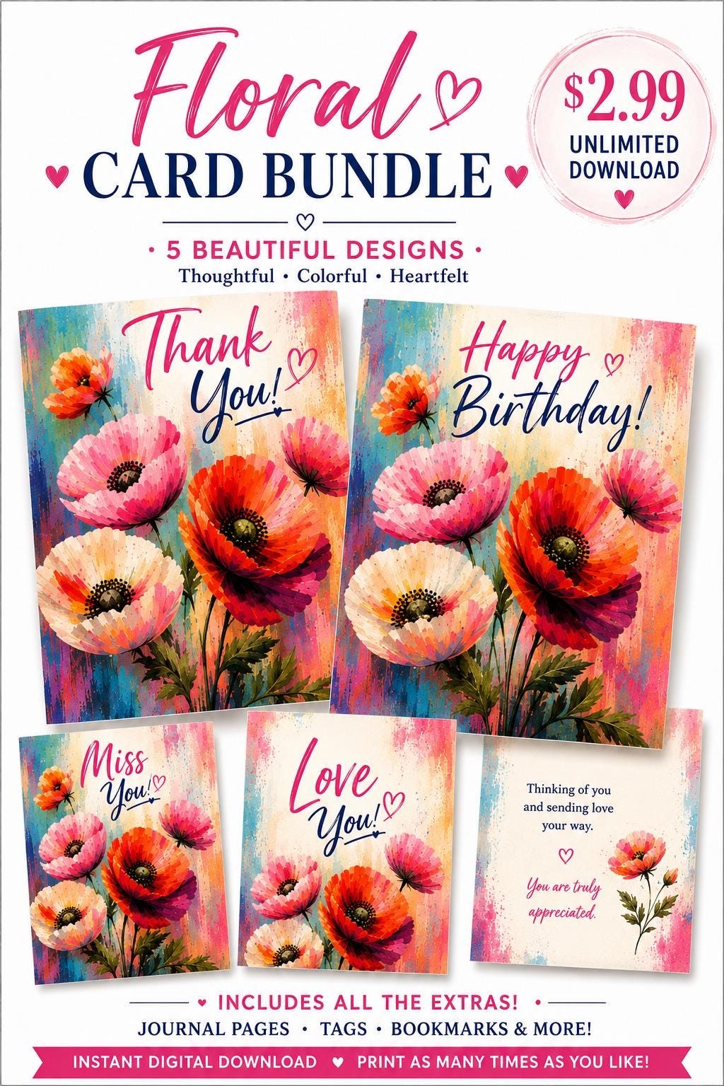 Watercolor Floral Greeting Cards Bundle, 5x7 Blank Cards, Printable Stationery (Digital Download)
