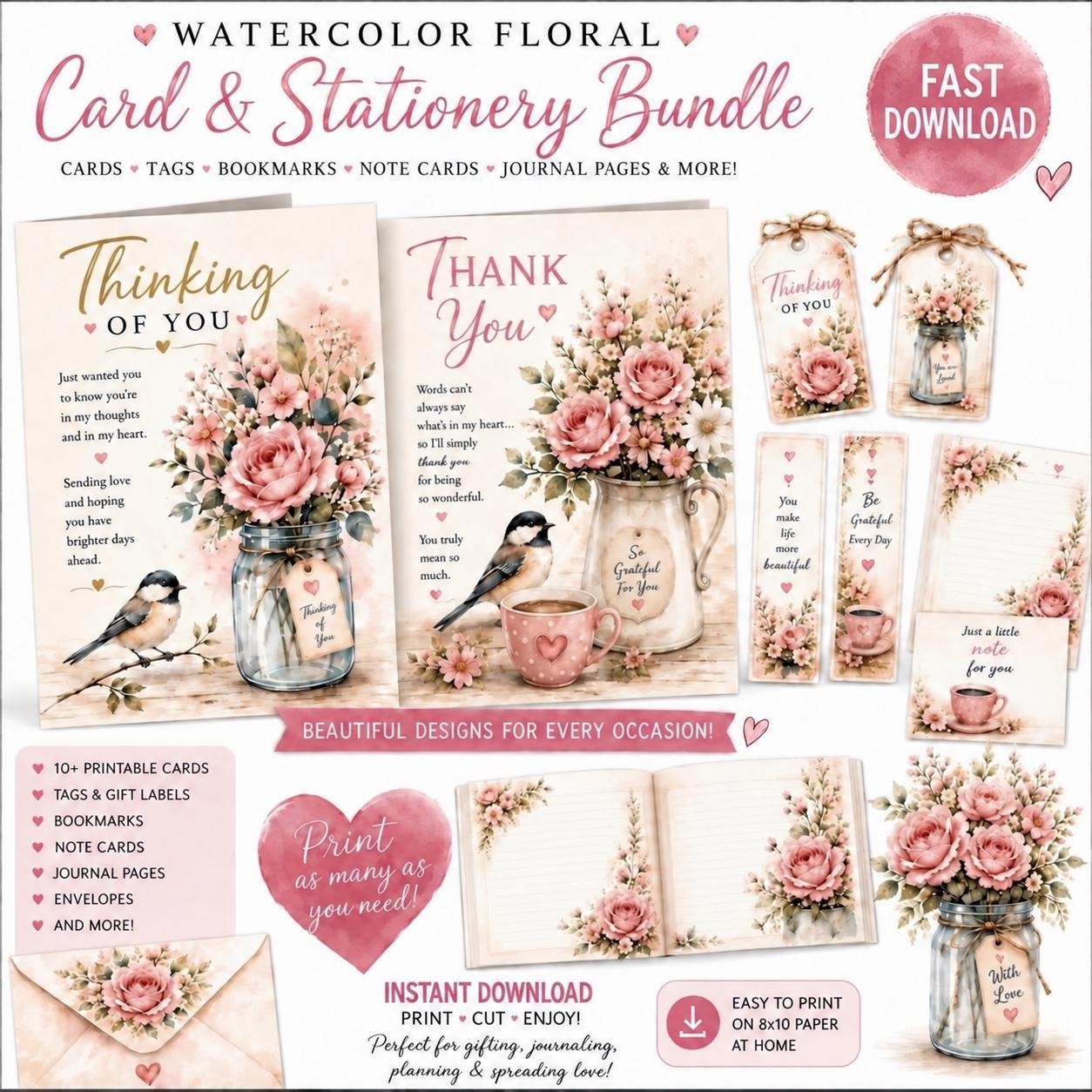Watercolor Floral Stationery Bundle, Roses, Birds, Teacups (Digital Download)