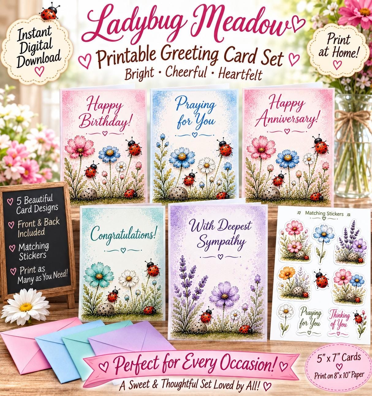 Watercolor Ladybug and Flowers Cards Bundle with Envelope- Die cuts-fast Download-Print- DIY(unlimited download)
