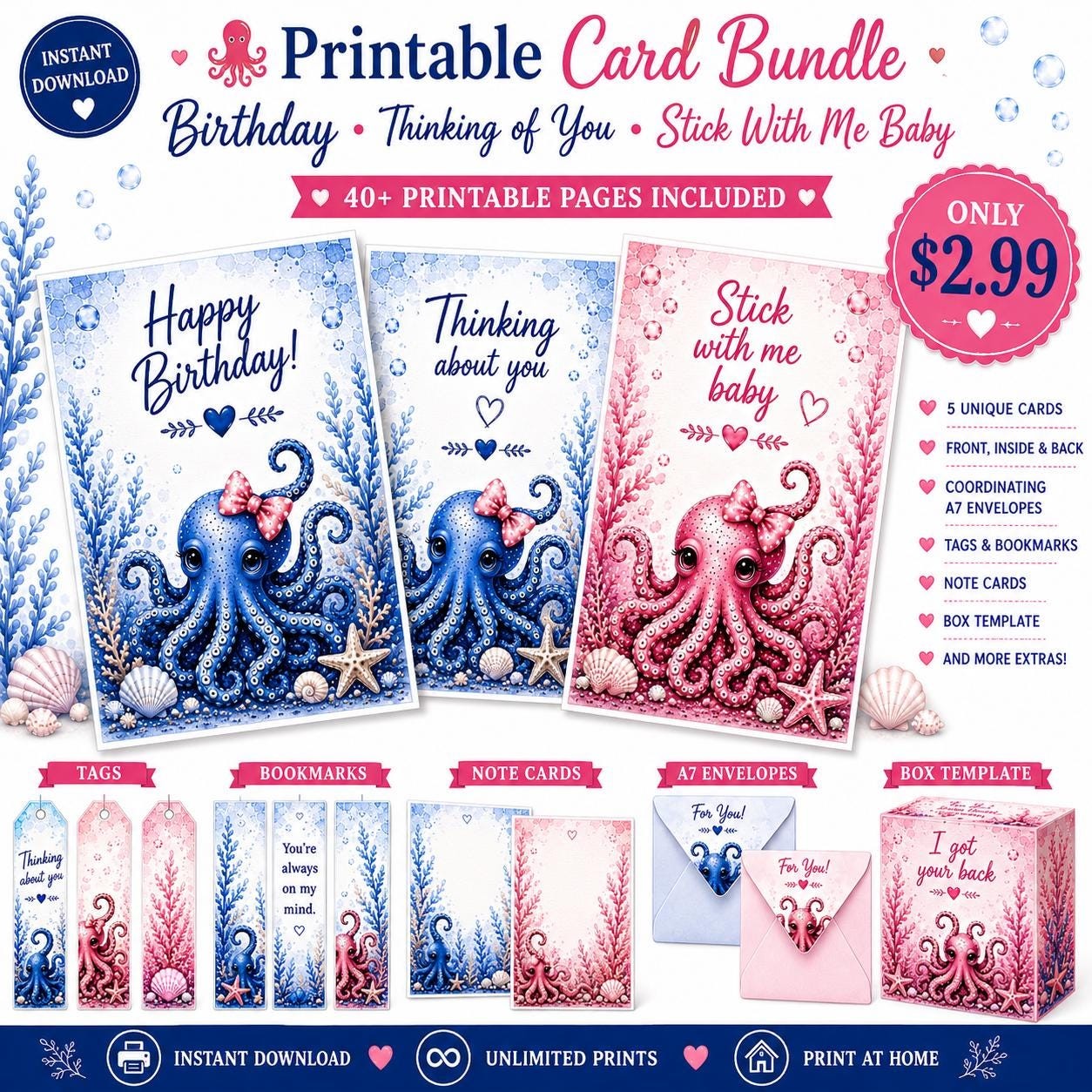 Watercolor Octopus Card Bundle, Ocean Birthday, Friendship Cards (Instant Download)