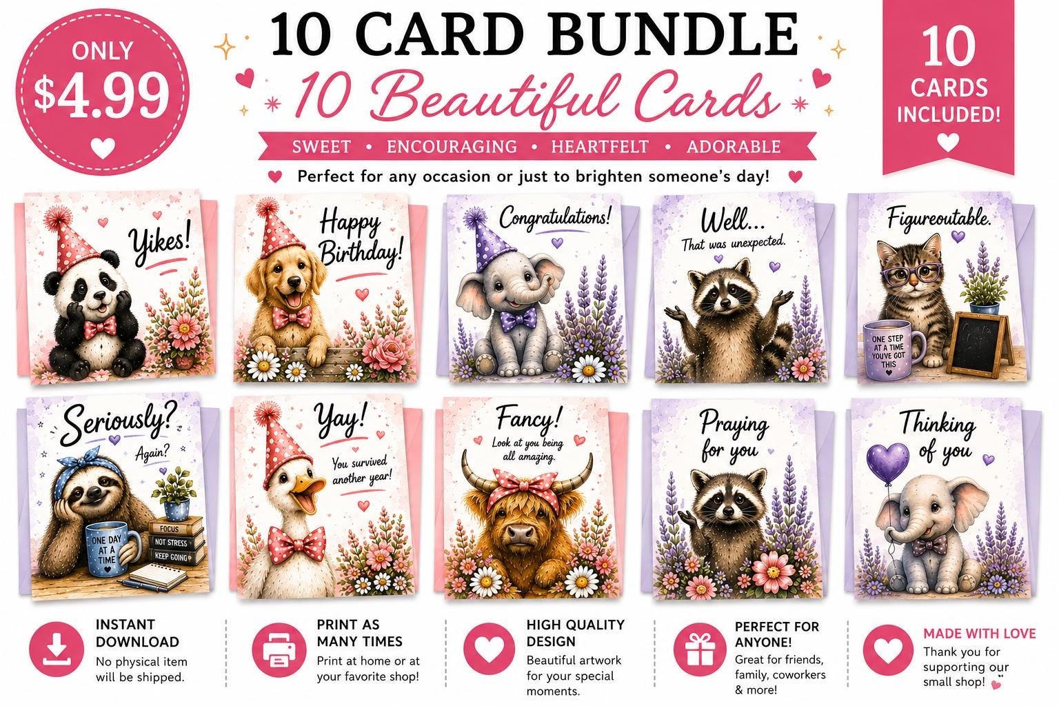 Whimsical Animal Greeting Cards Bundle, Watercolor Art, 5x7 Printable Cards (Digital Download)