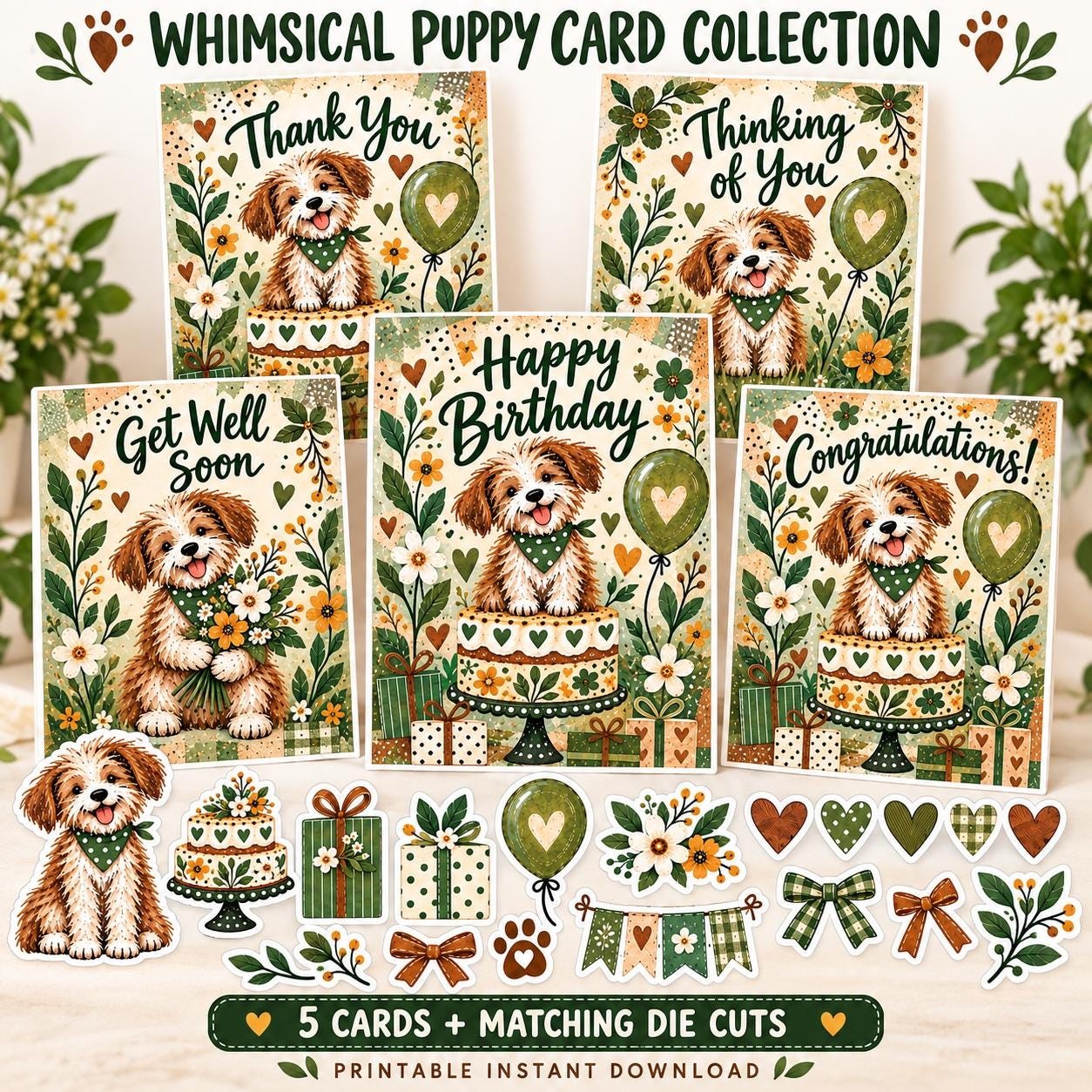 Whimsical Puppy Birthday Bundle, Dog Card, Gift Box, Tags, Bookmarks (Digital Download)