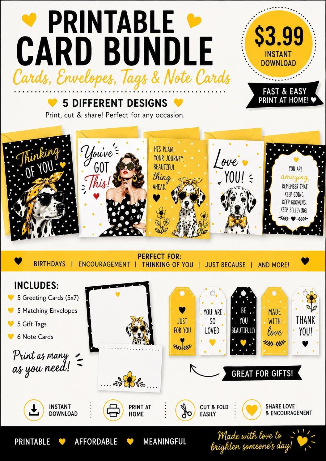 Yellow Black Dalmatian Printable Card Bundle | Greeting Cards, Tags (Digital Download)