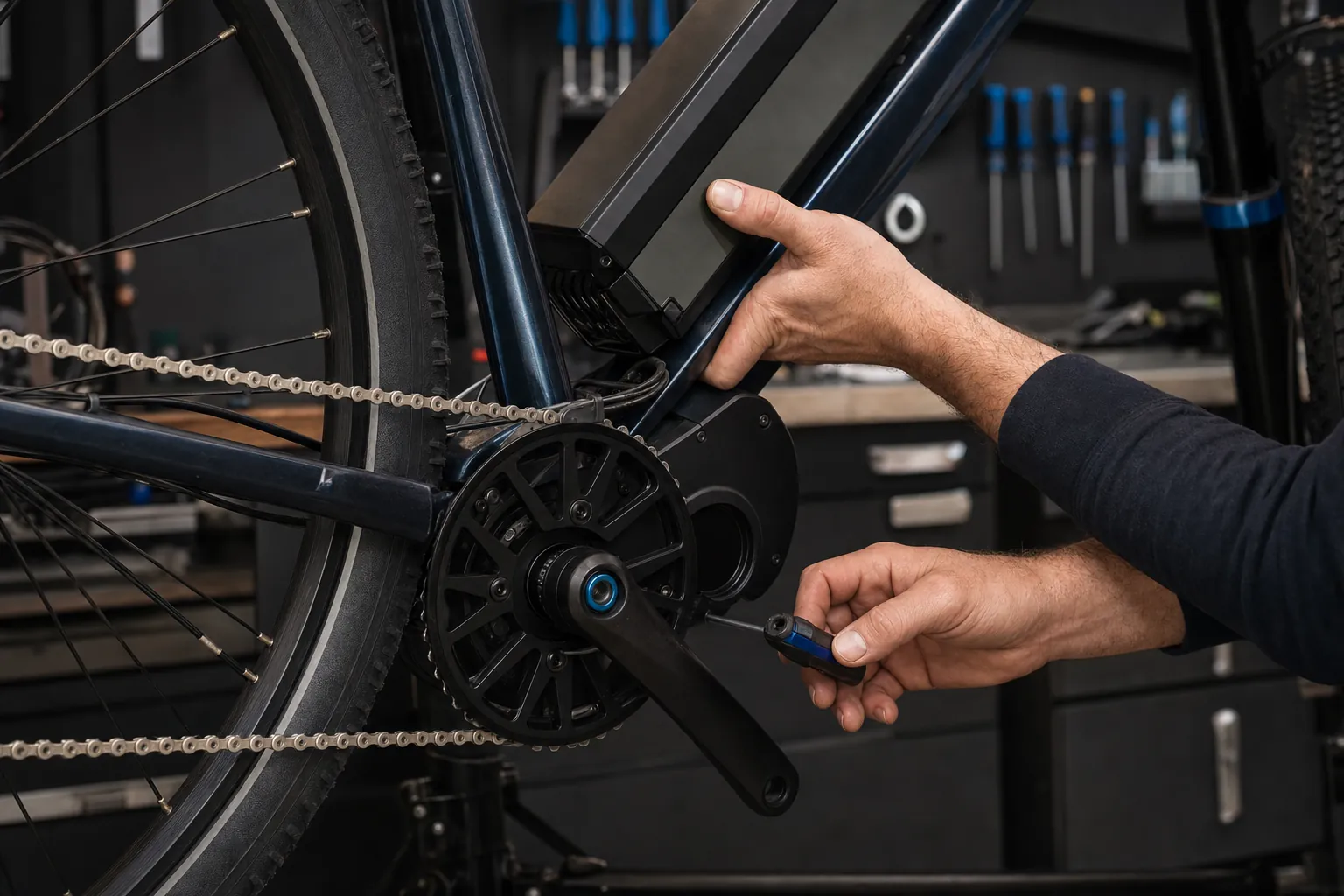Bicycle technician adjusting a drivetrain in a workshop