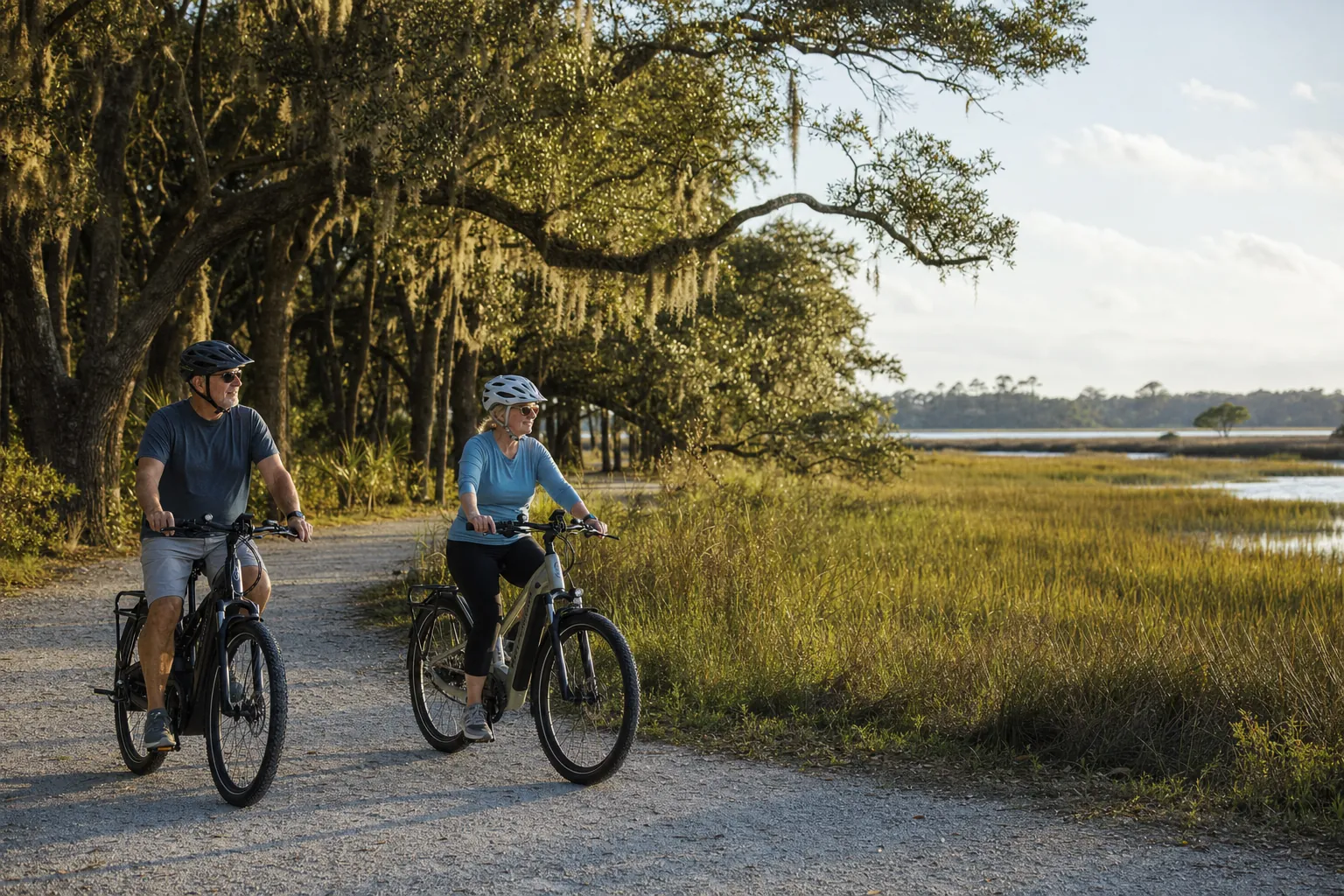 Two riders enjoying electric bikes on a Lowcountry path