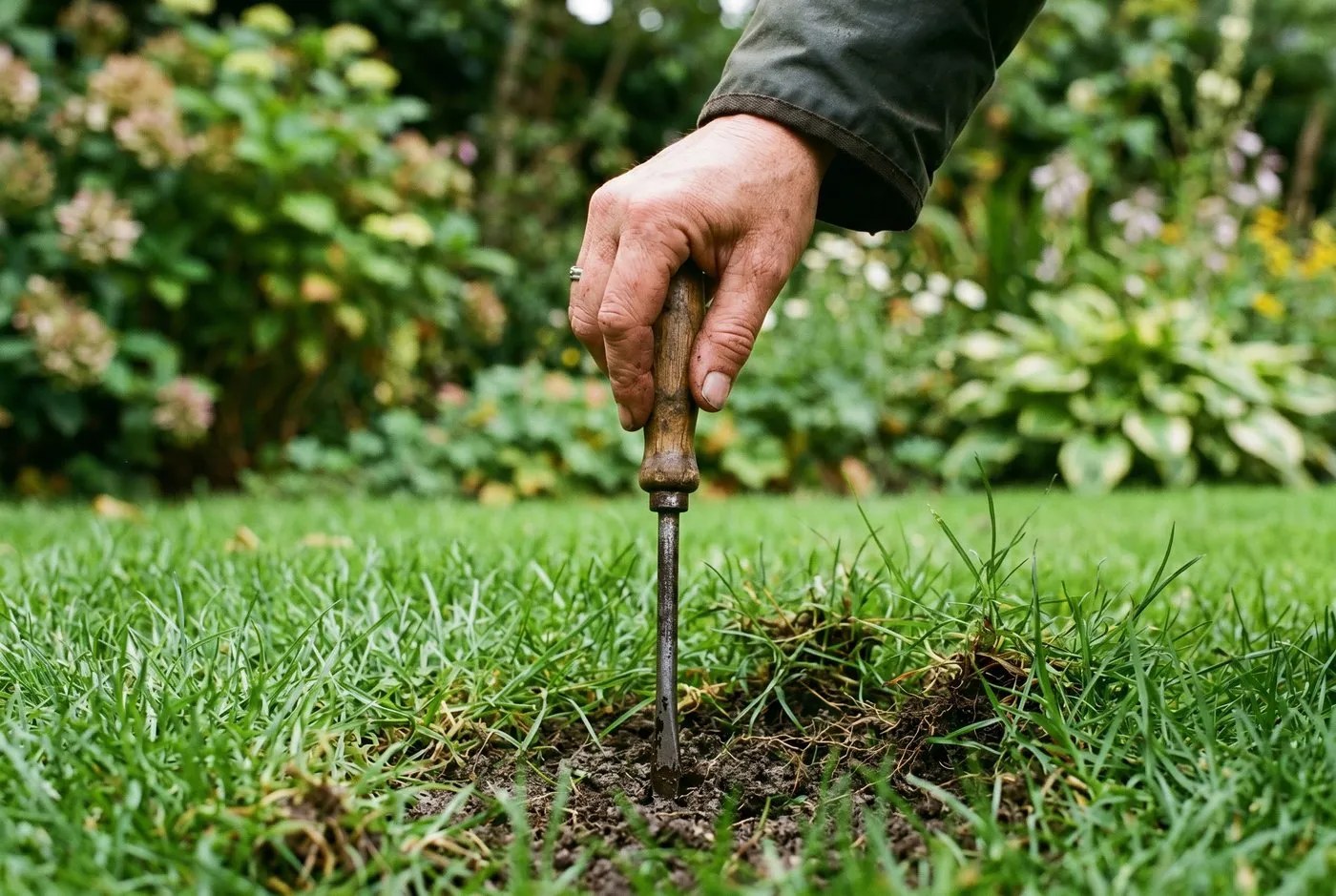 A screwdriver being used to check moisture in lawn soil