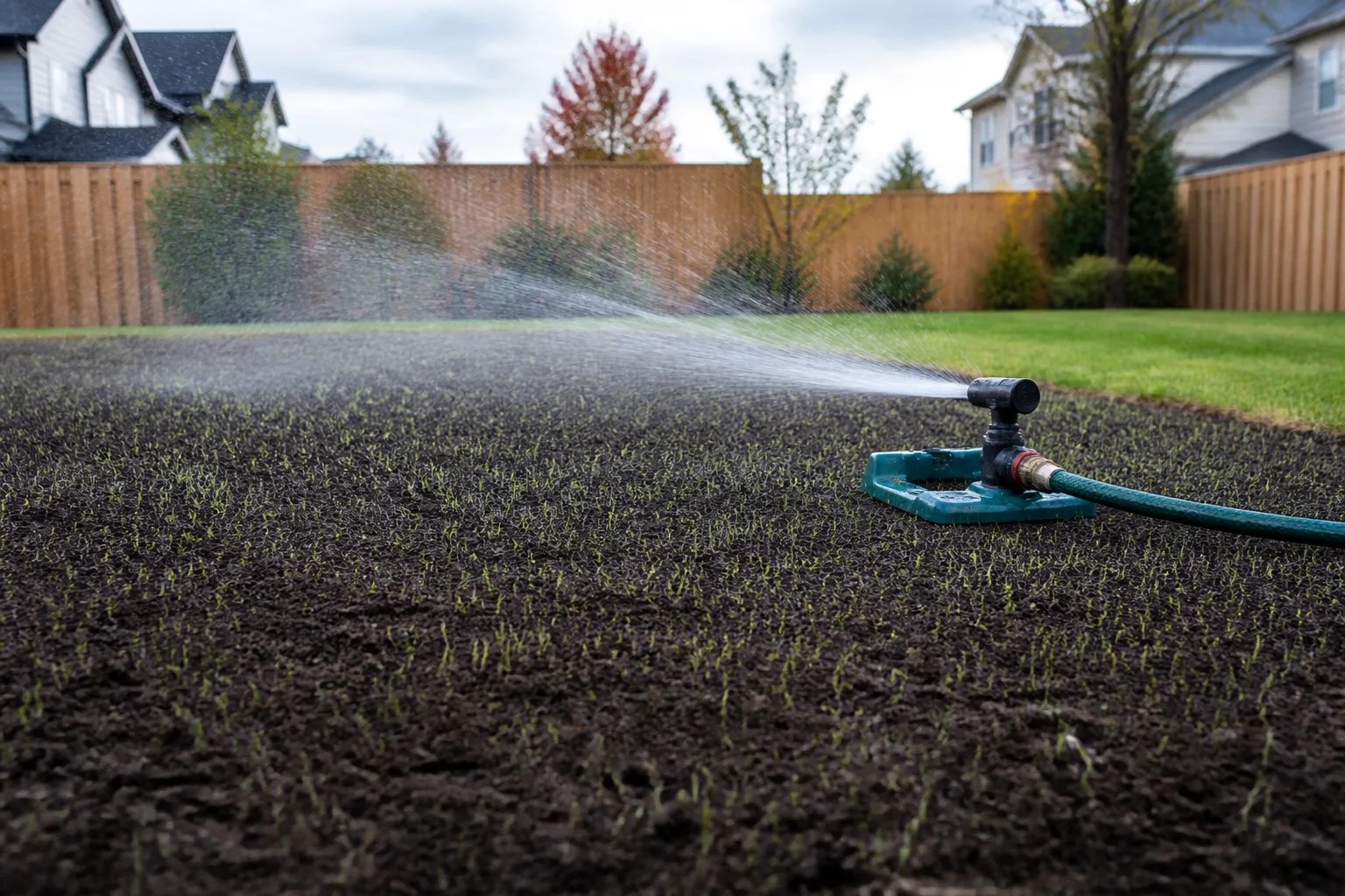 Young grass emerging in a newly seeded lawn area