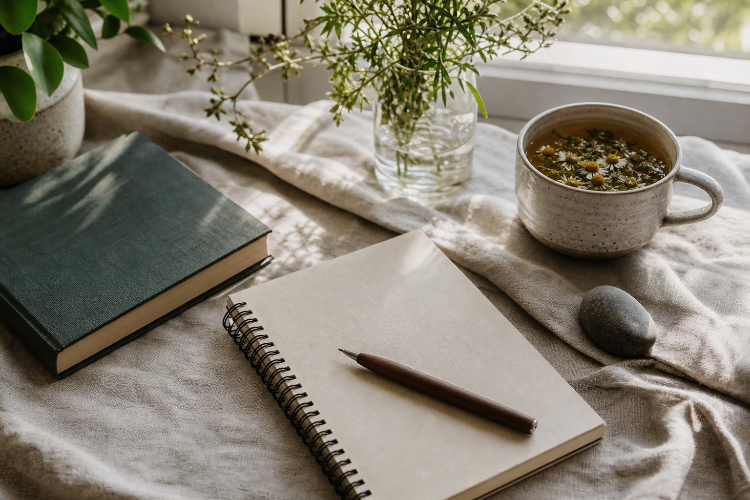Notebook, tea, and grounding stone arranged near a sunlit window
