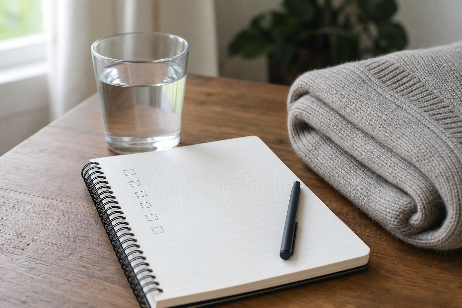 Notebook checklist, water, and a folded sweater on a table