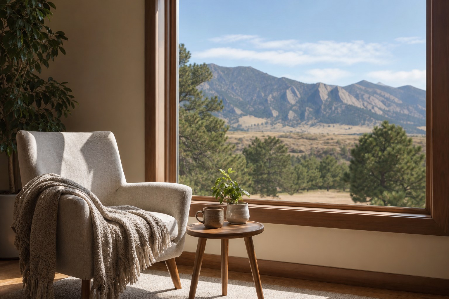 Quiet room with a comfortable chair, blanket, and mountain view