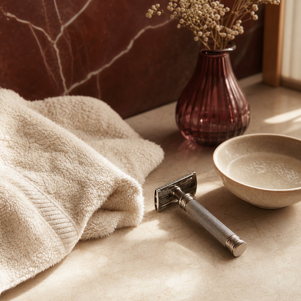 A safety razor, ivory towel, and bowl on a warm stone counter