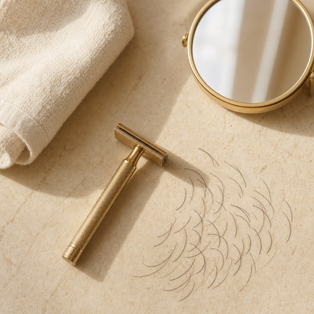 A safety razor, mirror, towel, and curved hair strands arranged on a stone surface