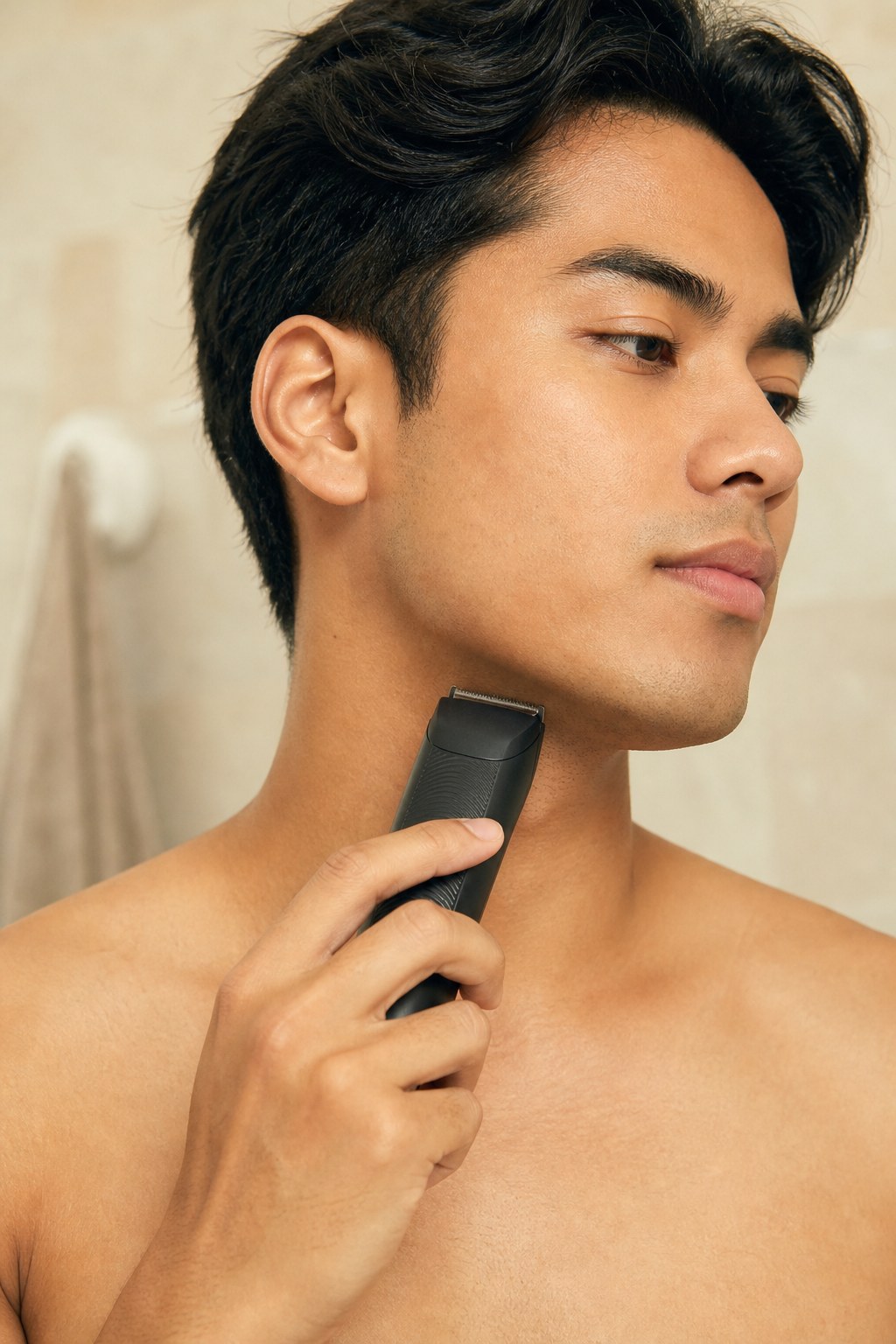 Illustrative image of a person using an electric trimmer along the jawline