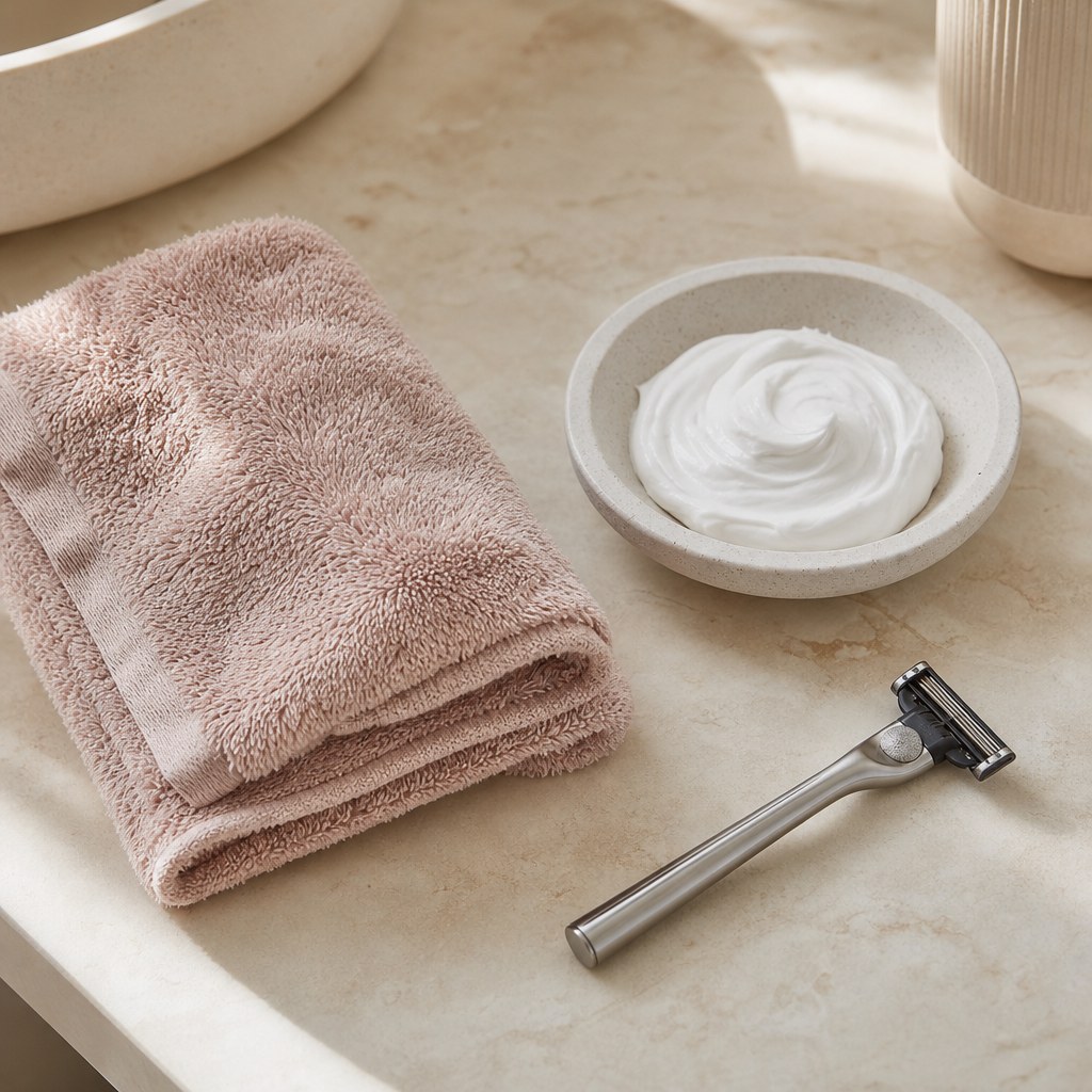 A folded blush towel, shaving cream, and safety razor on a warm stone counter