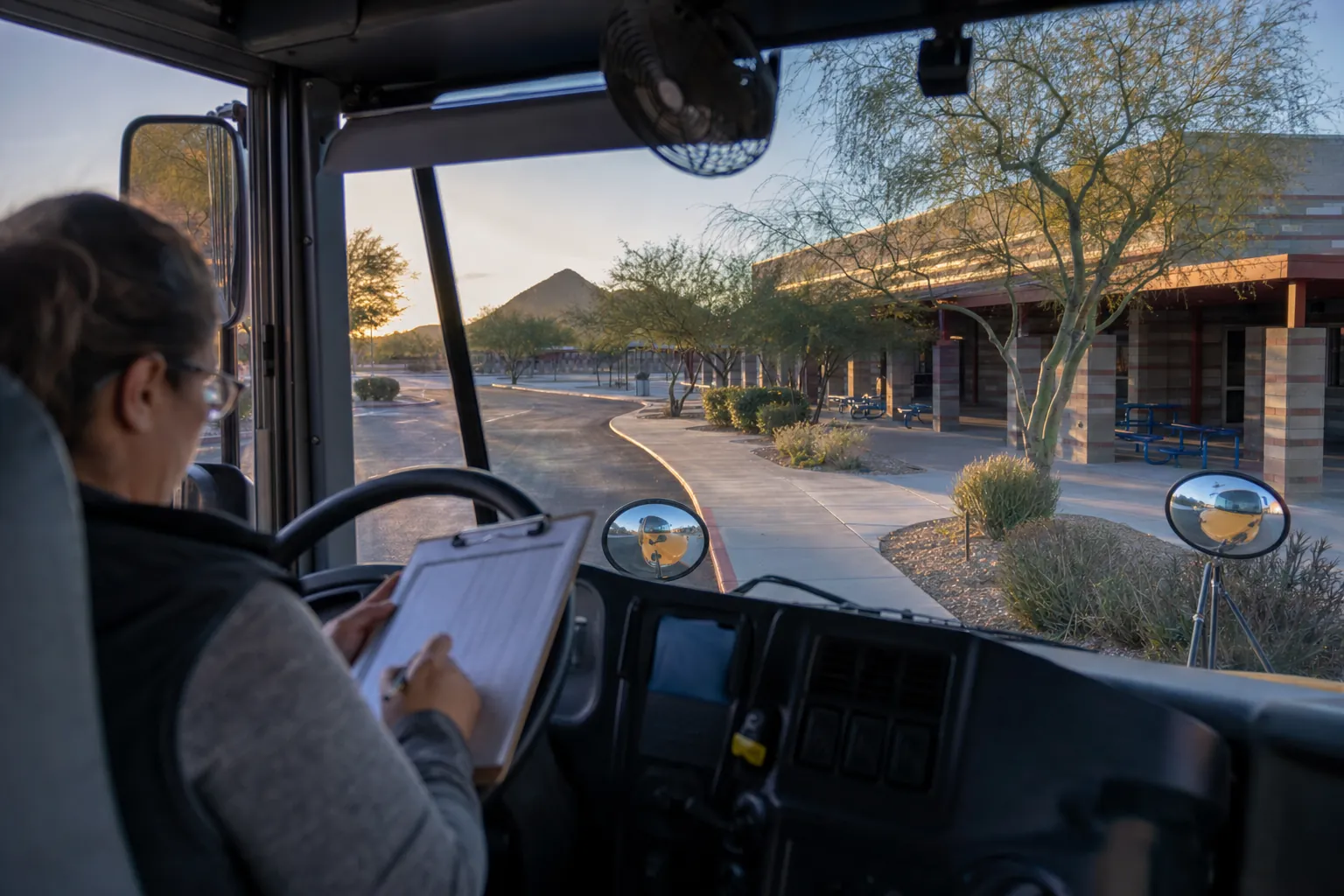 School transportation driver completing a safety check before service