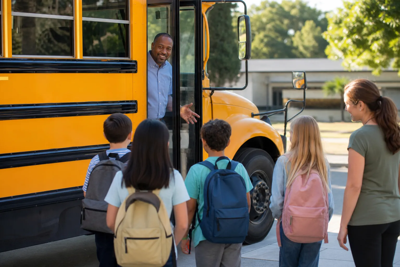Bus driver greeting students and a teacher before field trip boarding