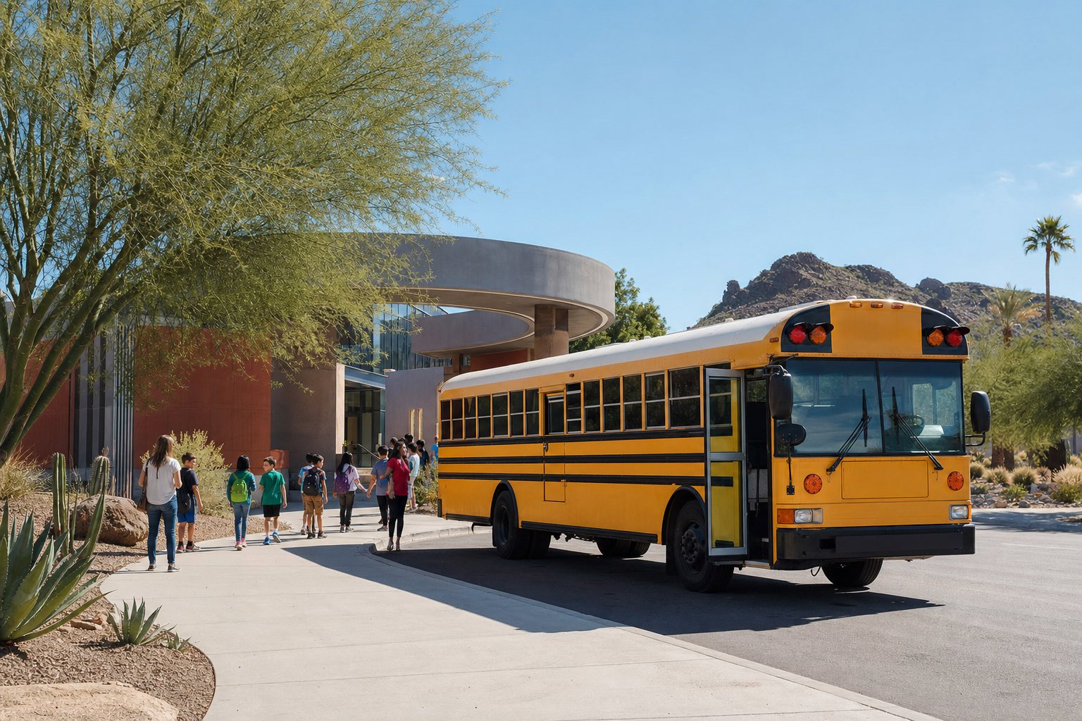 Yellow school bus outside a Phoenix educational venue with students and chaperones