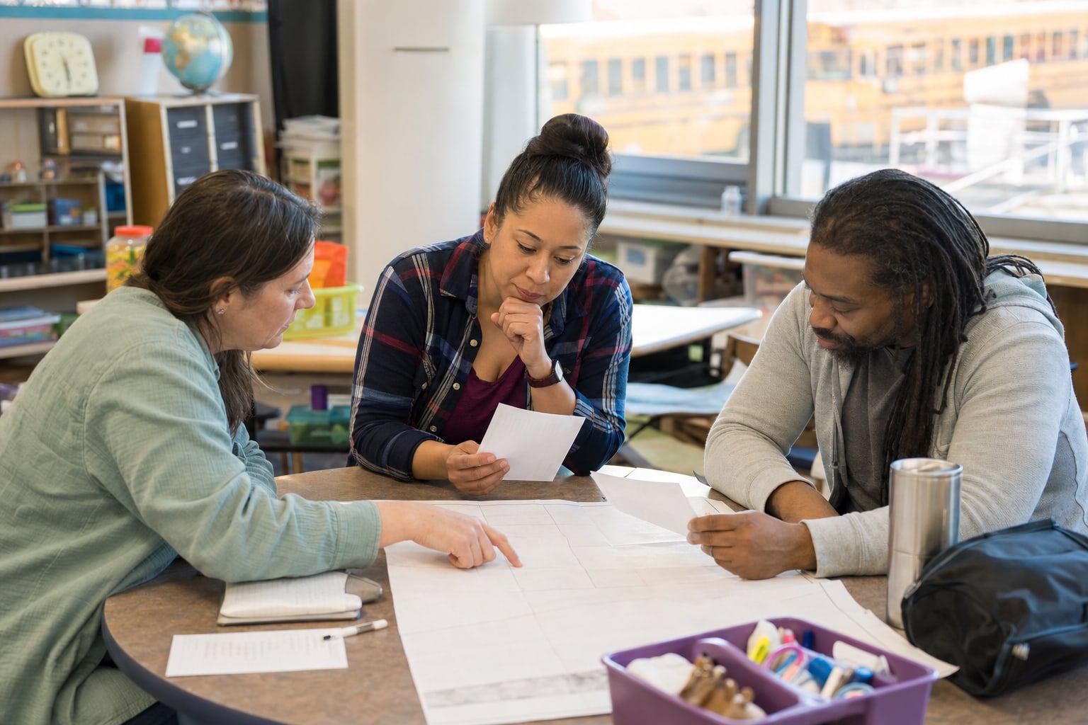 School chaperones reviewing a field trip plan in a classroom