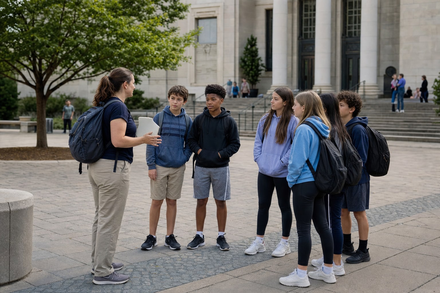 School chaperone gathering students at a field trip meeting point