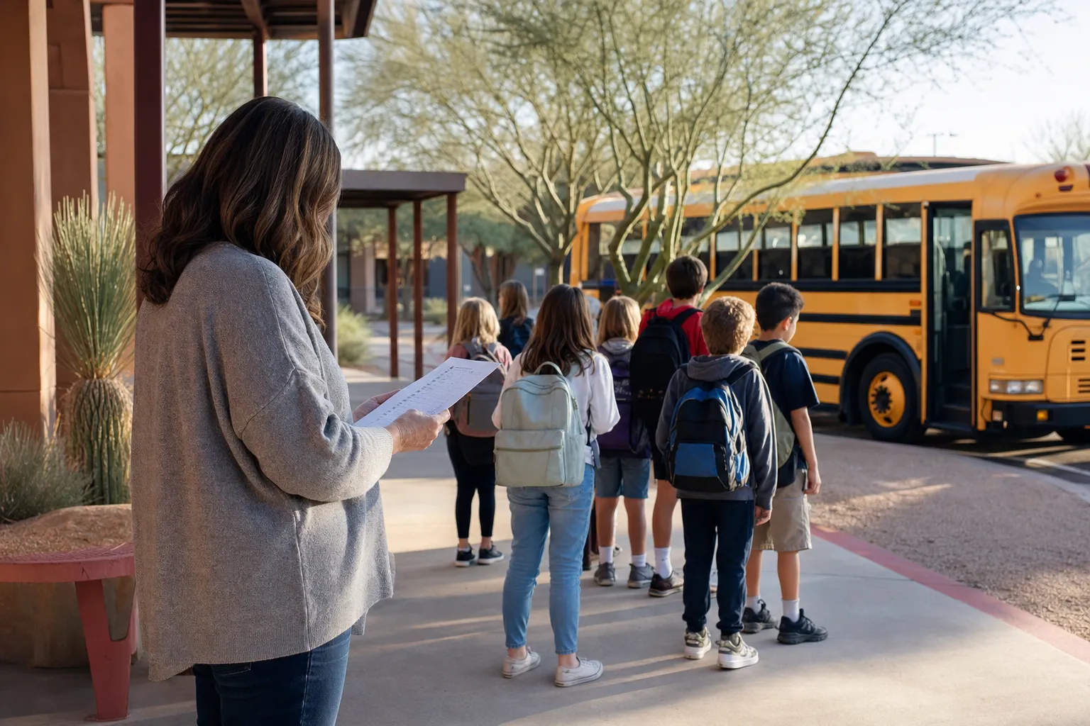 School chaperone checking attendance as students board a bus for a field trip