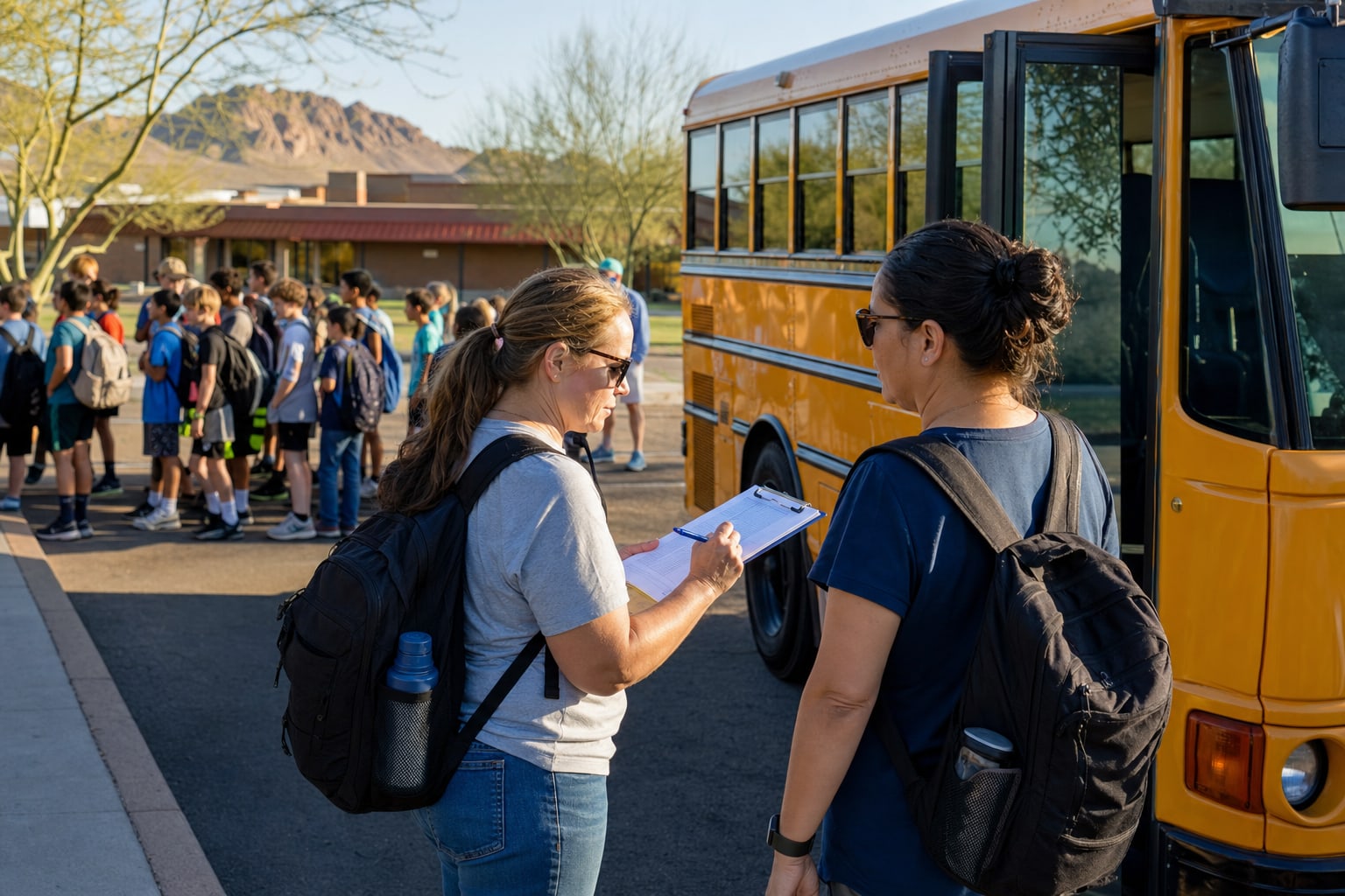 Two school chaperones confirming a student count beside a school bus
