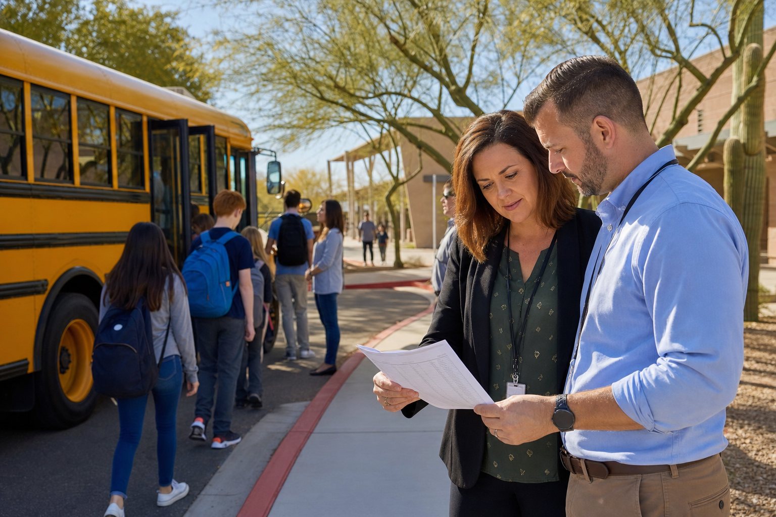 School staff reviewing a field trip itinerary while students board a yellow school bus