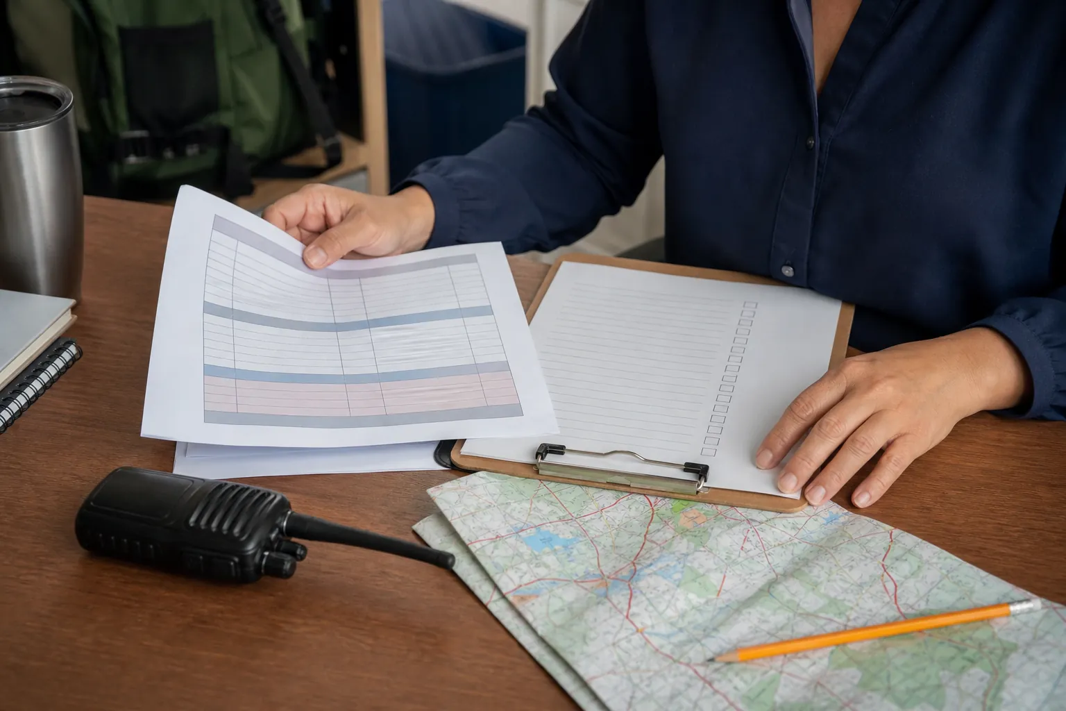 School coordinator reviewing a field trip itinerary and route materials