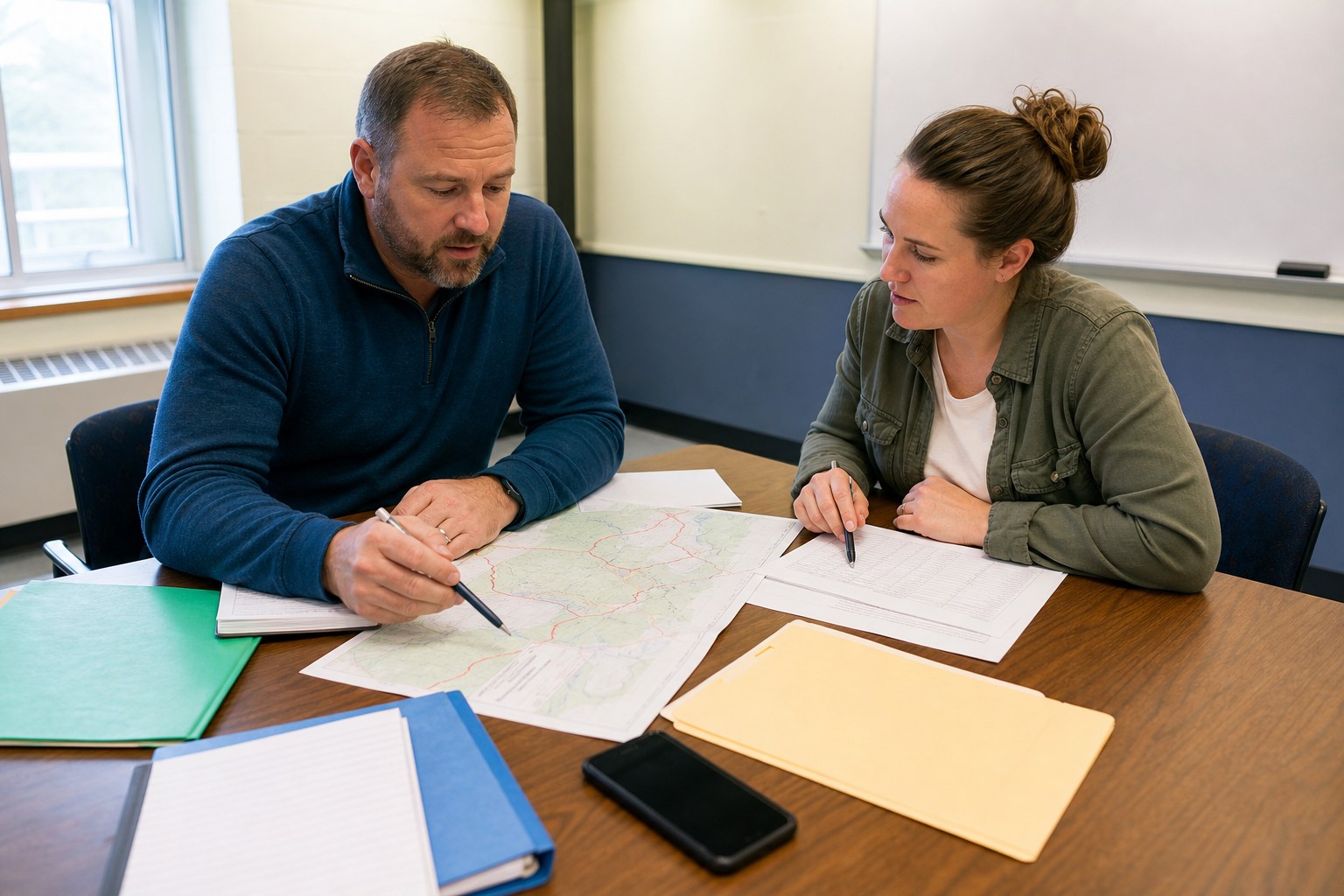 Two school staff members reviewing route and timing documents before a field trip
