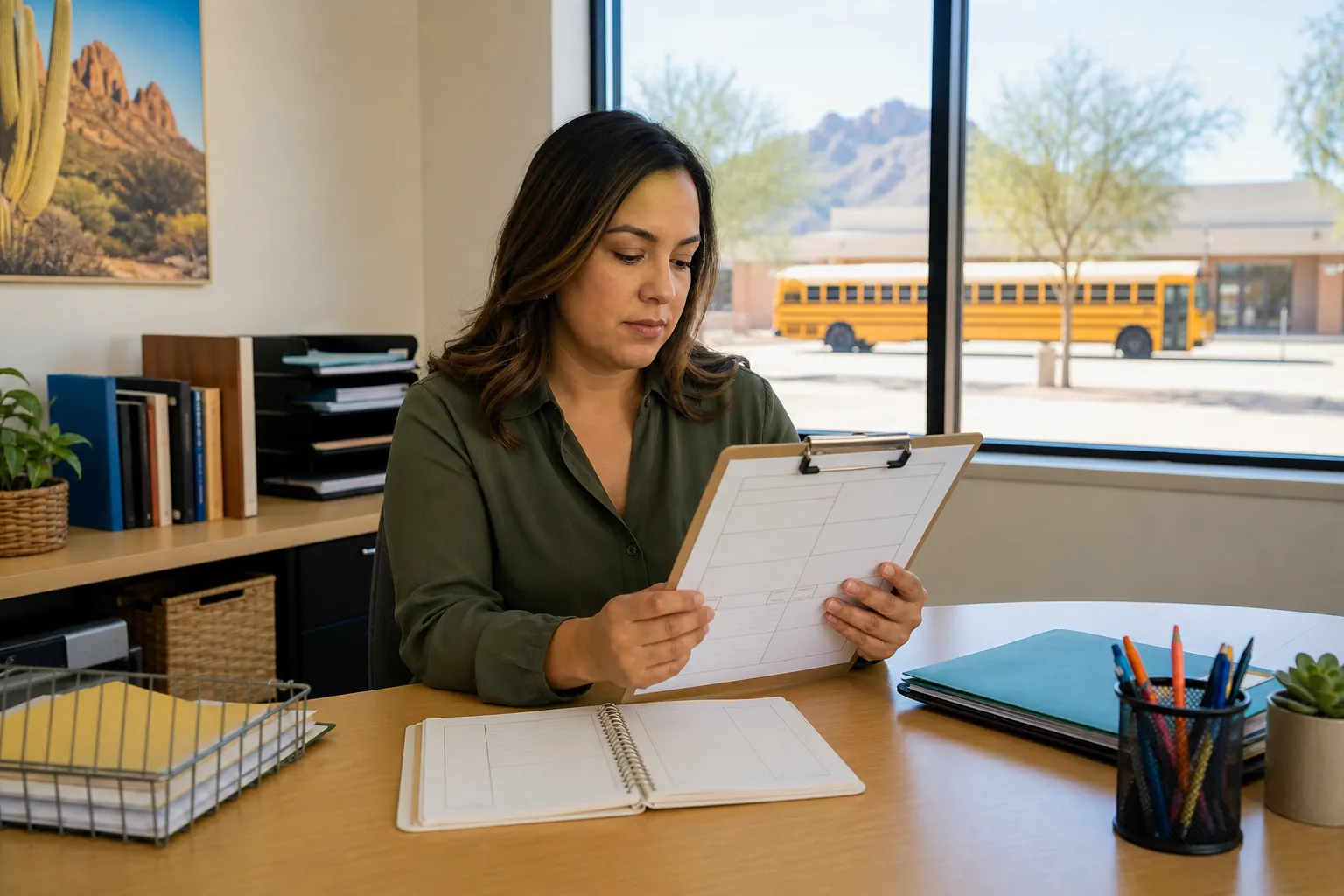 School trip coordinator reviewing a field trip itinerary with a yellow school bus outside