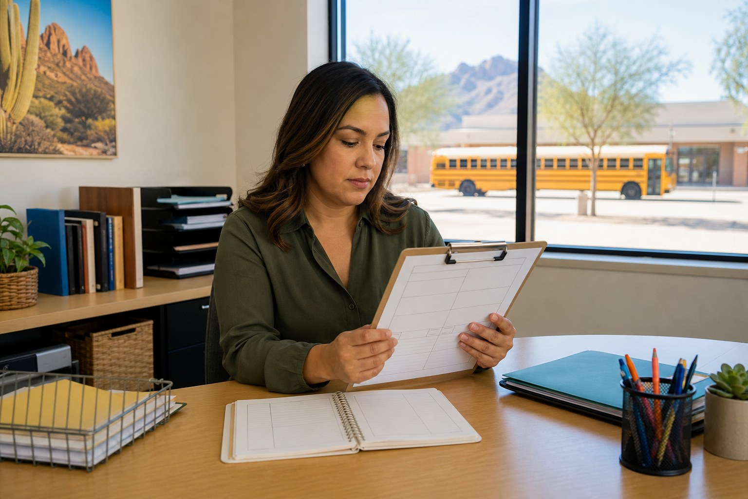 School trip coordinator reviewing a field trip itinerary with a yellow school bus outside