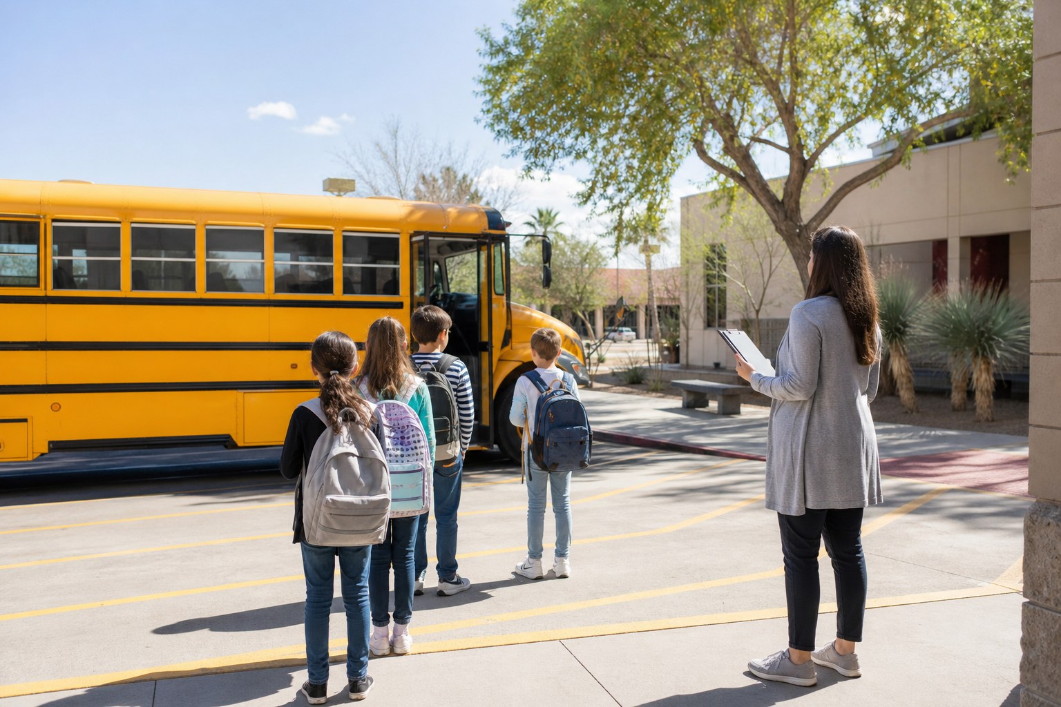 Teacher organizing students near a safely staged school bus at a campus loading area