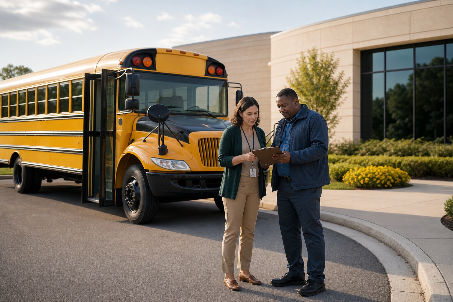 School lead and bus driver reviewing return timing beside a school bus at an educational destination