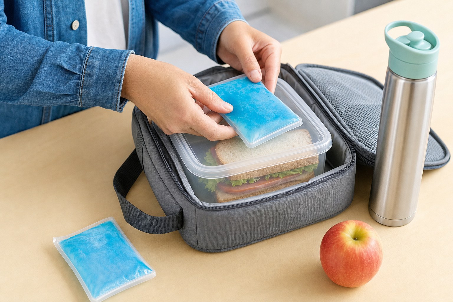 Cold pack being placed in an insulated lunch bag with a packed sandwich