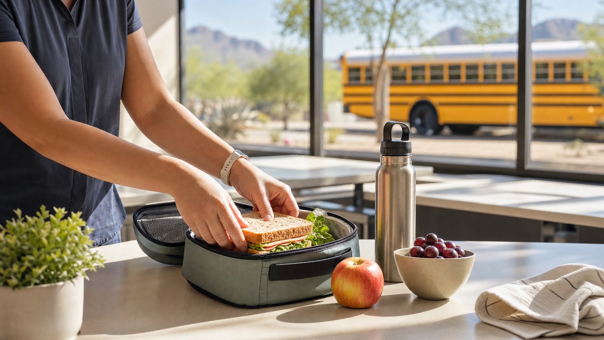 School staff member packing a field trip lunch beside a yellow school bus