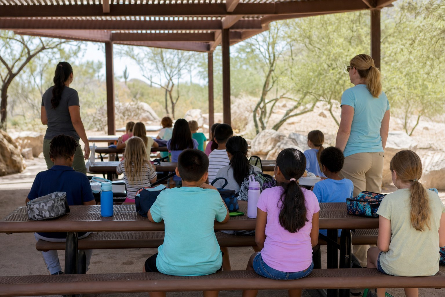 Students eating lunch at shaded picnic tables during an educational outing
