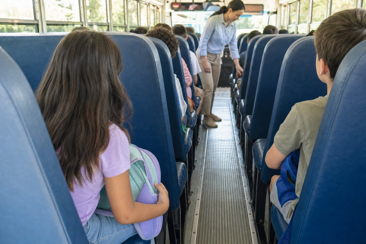 Students seated on a school bus with compact bags kept clear of the aisle