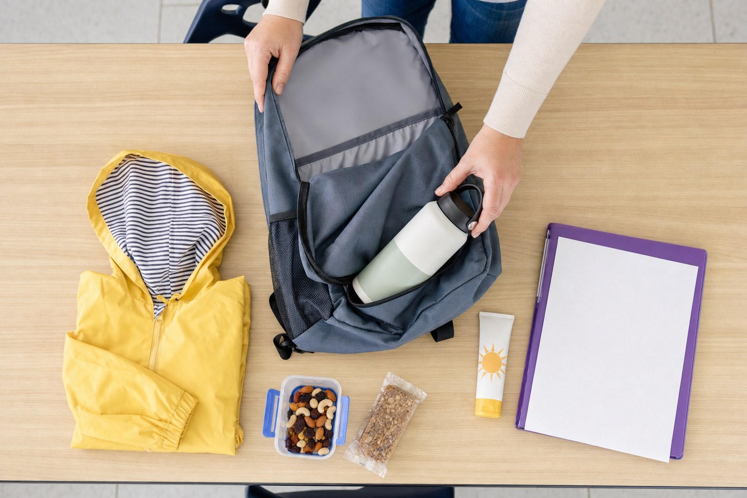 A small daypack being packed with a water bottle, jacket, snack, sunscreen, and folder