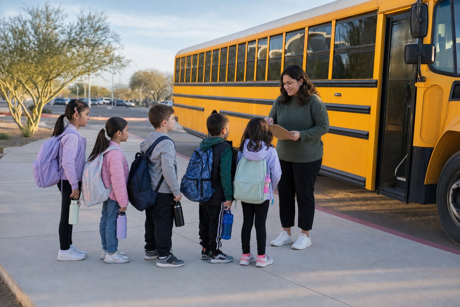 School staff member checking students with backpacks before boarding a field trip bus