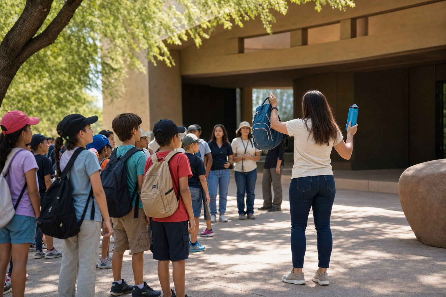 School chaperone showing a daypack and water bottle to students gathered for an outdoor field trip
