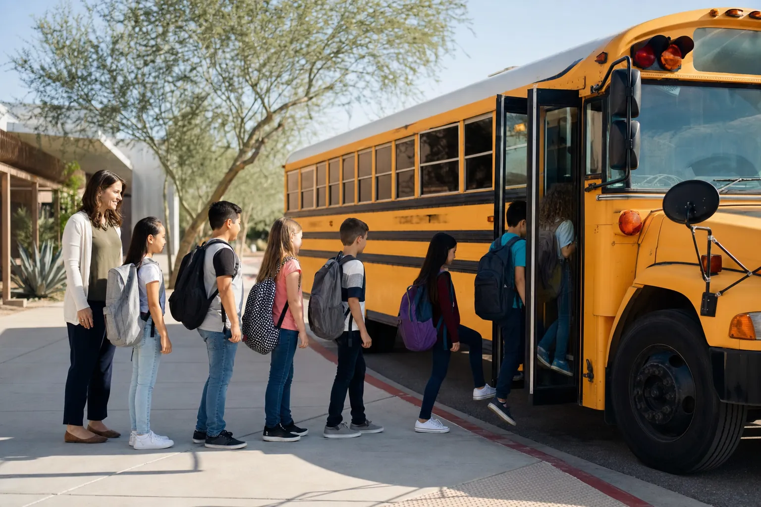 Teacher supervising students boarding a yellow school bus in an orderly line