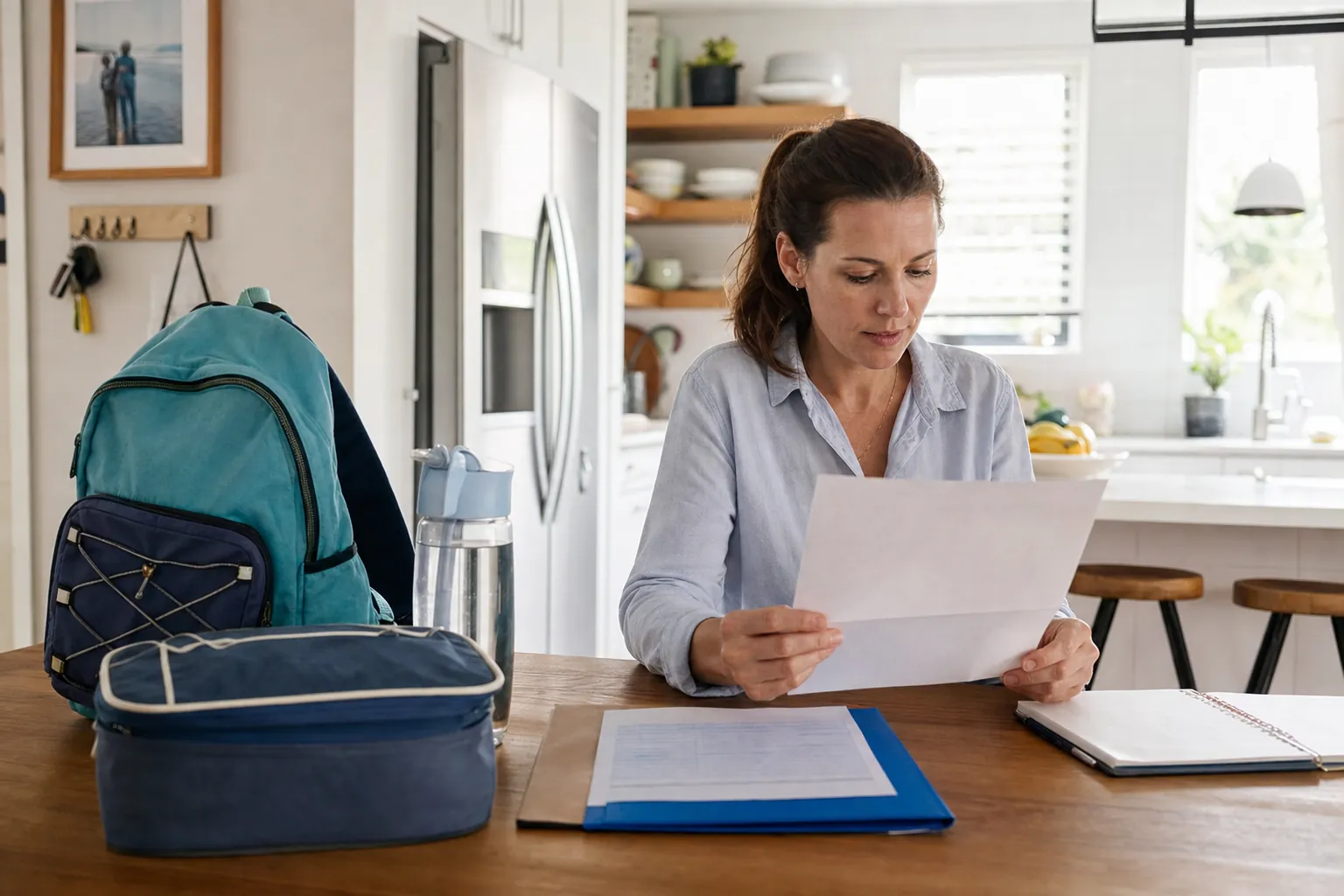 Parent reviewing a school field trip notice beside a backpack and lunch bag