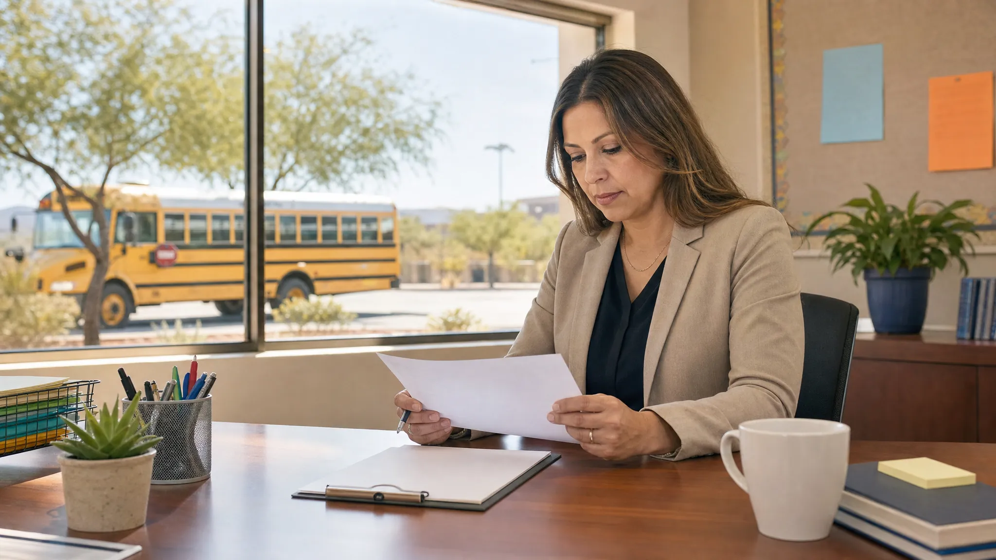 School administrator reviewing a field trip permission slip beside a school bus